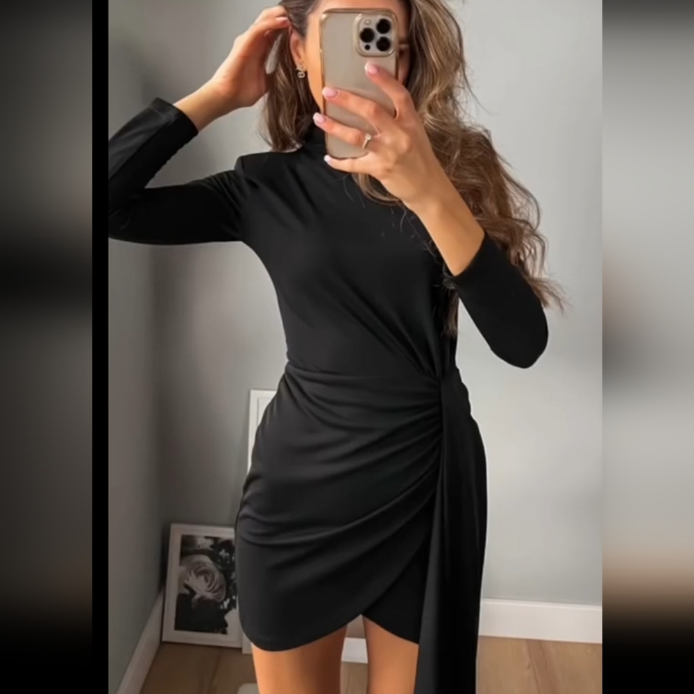 Zara * Gathered Mini Dress Black New - Picture 14 of 15